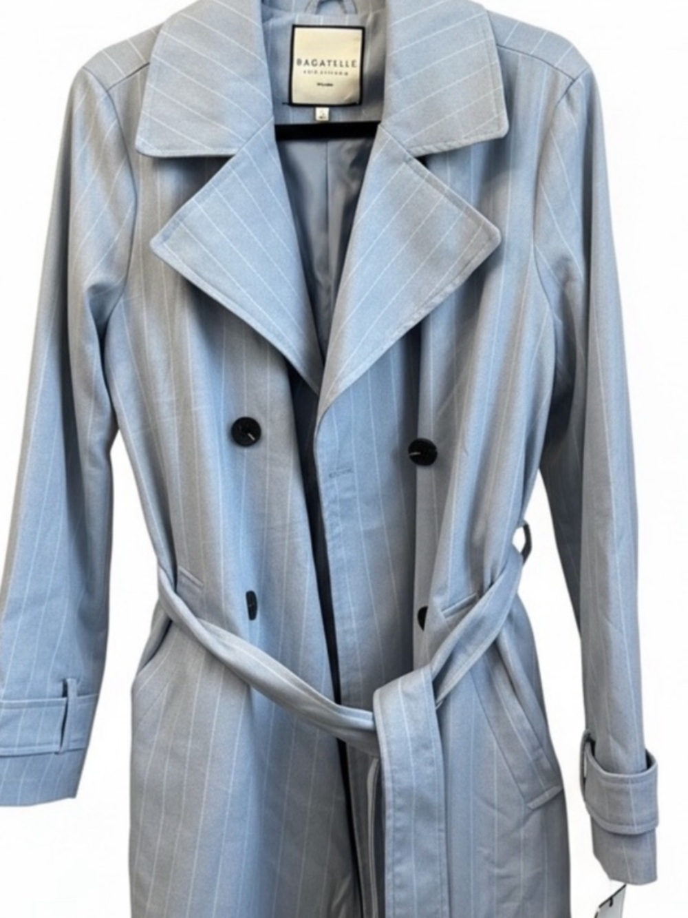 NWT Bagatelle Pale Blue Pinstripe
Trench Coat with Belt